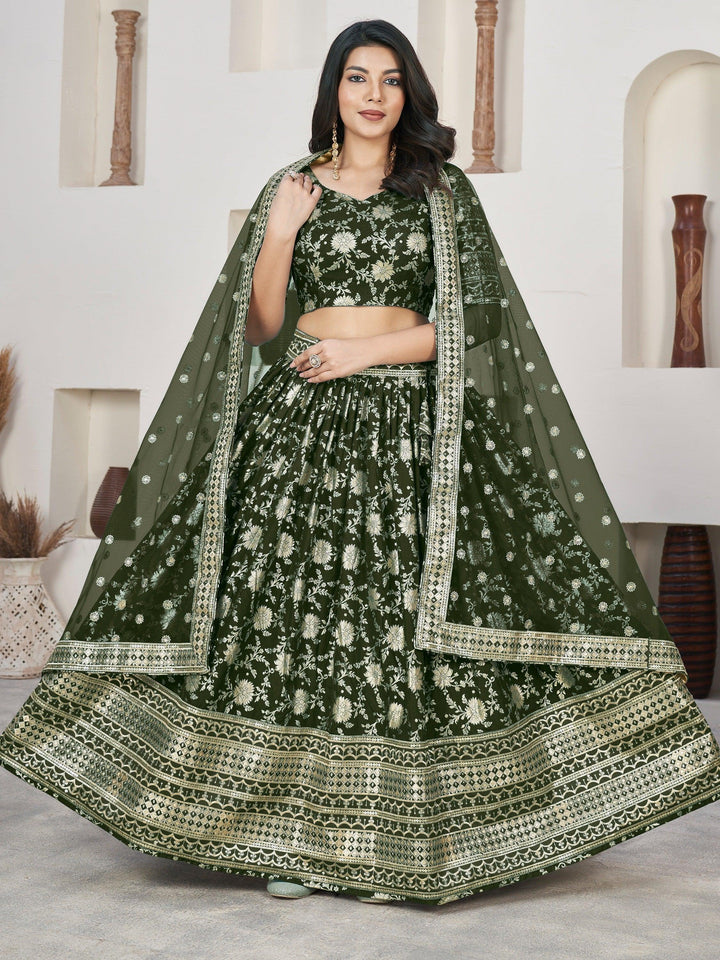 Timeless Olive Green Jacquard Lehenga Choli | Sequins & Embroidered Work