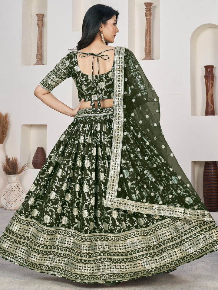 Timeless Olive Green Jacquard Lehenga Choli | Sequins & Embroidered Work