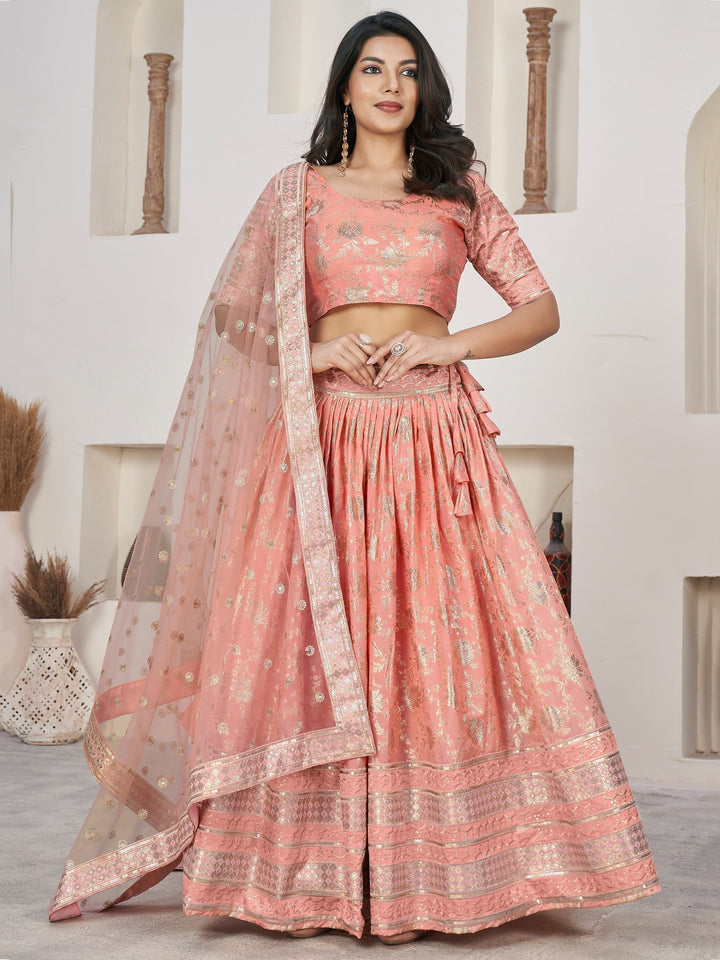 Customizable Peach Dola Jacquard Lehenga | Zari & Lace Work