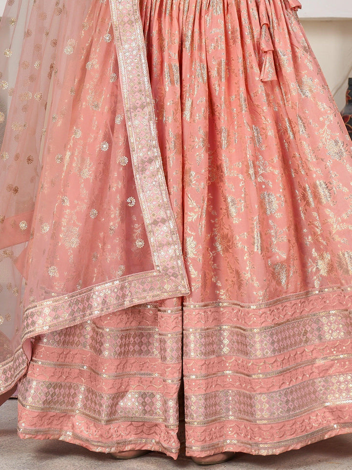 Customizable Peach Dola Jacquard Lehenga | Zari & Lace Work