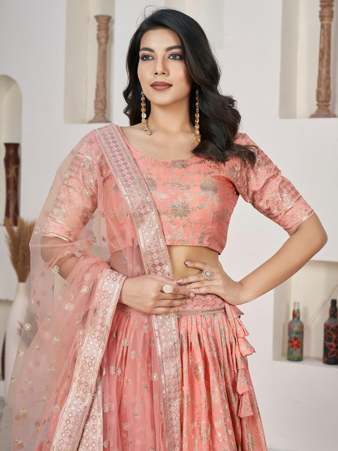 Customizable Peach Dola Jacquard Lehenga | Zari & Lace Work