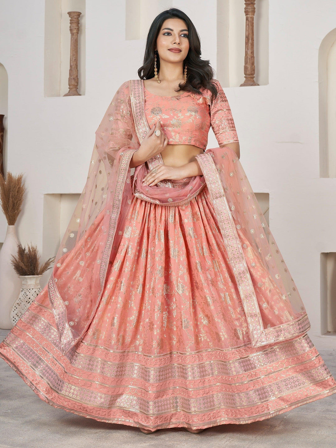 Customizable Peach Dola Jacquard Lehenga | Zari & Lace Work