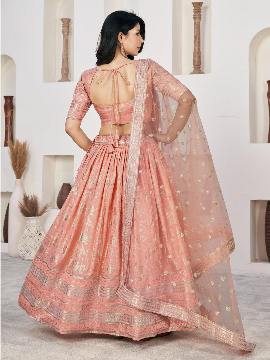 Customizable Peach Dola Jacquard Lehenga | Zari & Lace Work