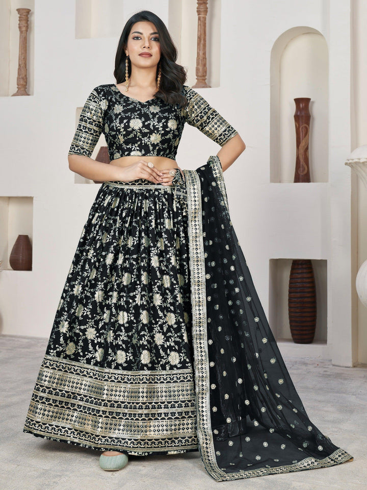 Bridal Black Jacquard Lehenga | Embroidered Lace Dupatta