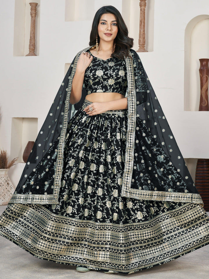 Bridal Black Jacquard Lehenga | Embroidered Lace Dupatta