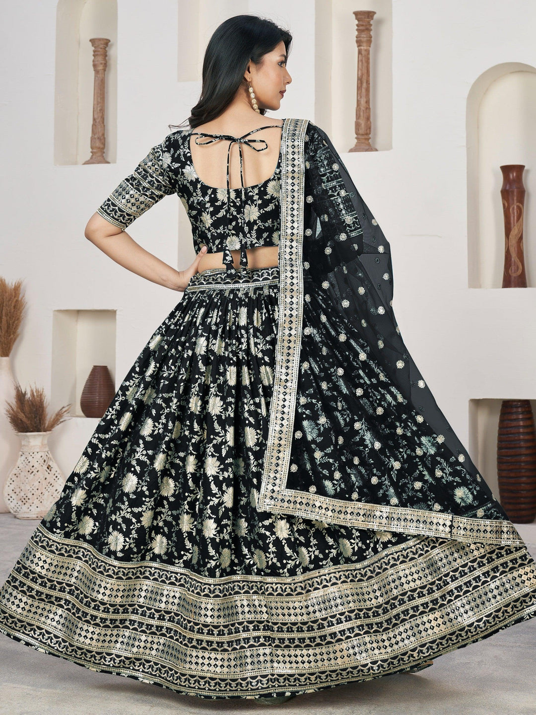 Bridal Black Jacquard Lehenga | Embroidered Lace Dupatta