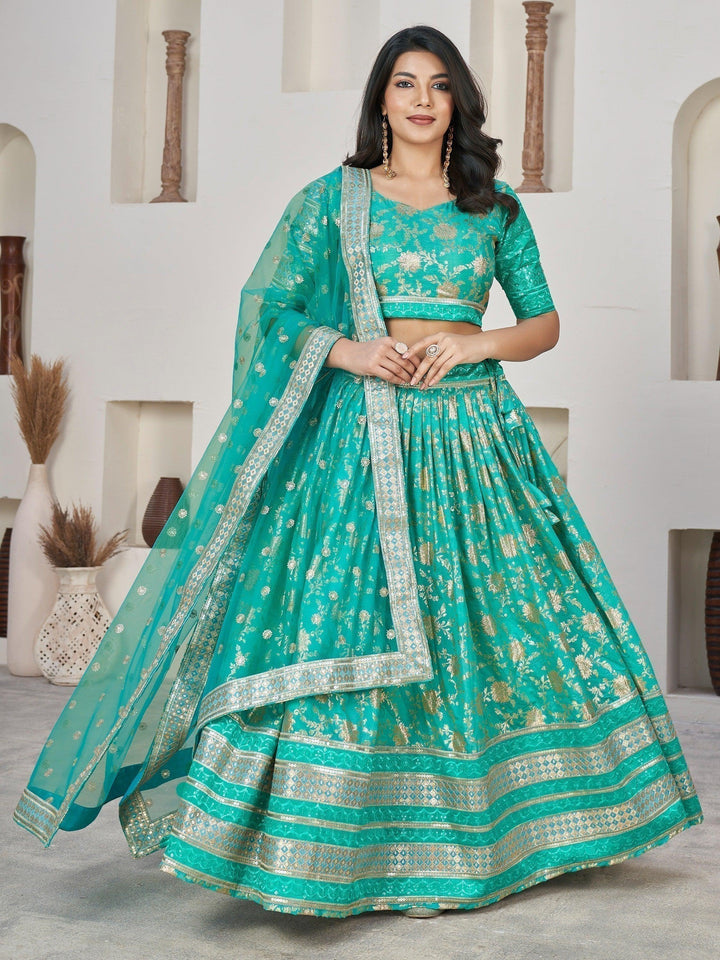 Sea Green Lehenga Choli | Zari & Thread Work with Net Dupatta