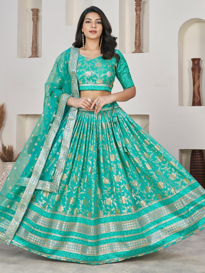 Sea Green Lehenga Choli | Zari & Thread Work with Net Dupatta