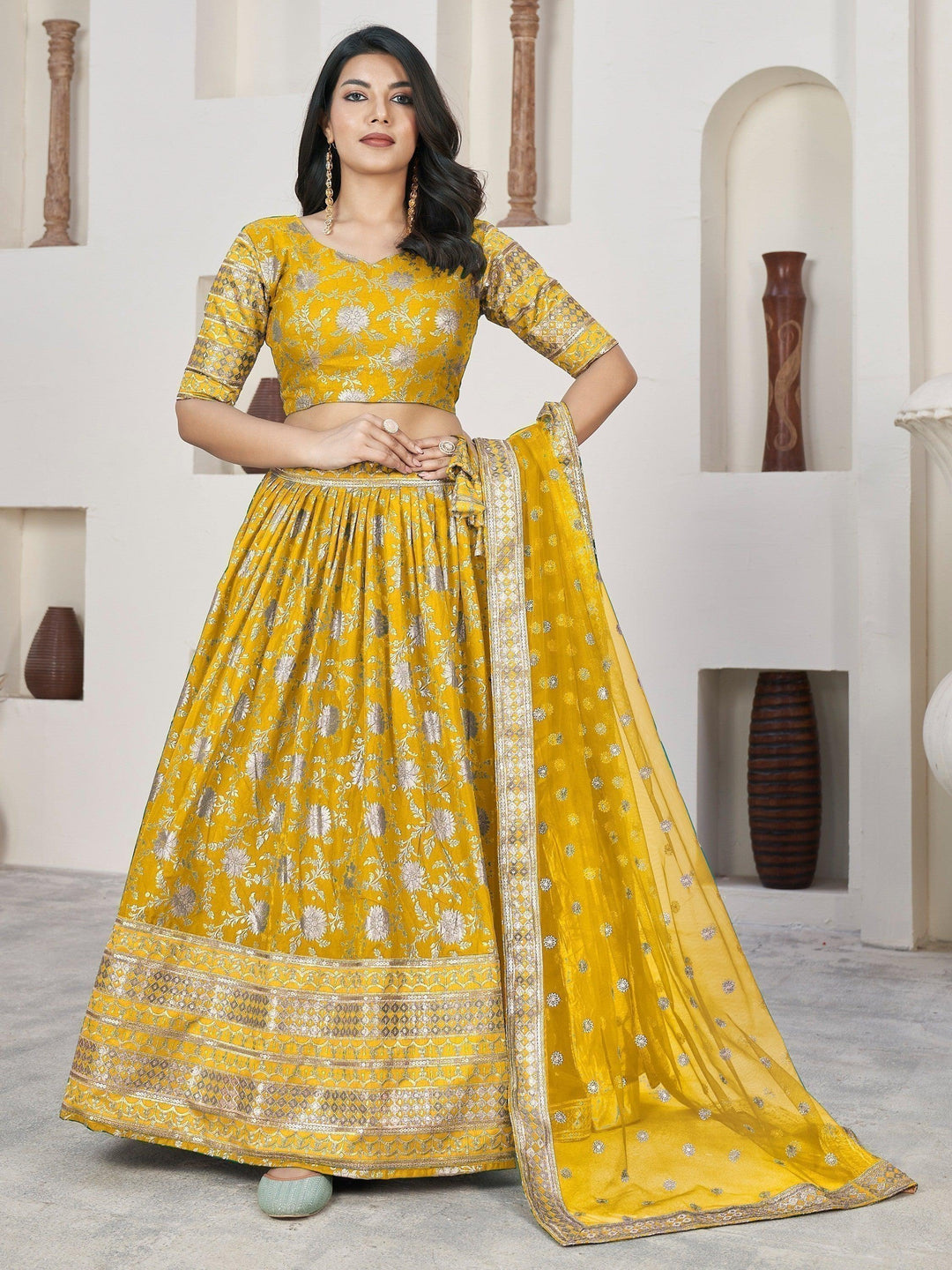 Festive Yellow Jacquard Lehenga | Zari Work & Sequins Detail