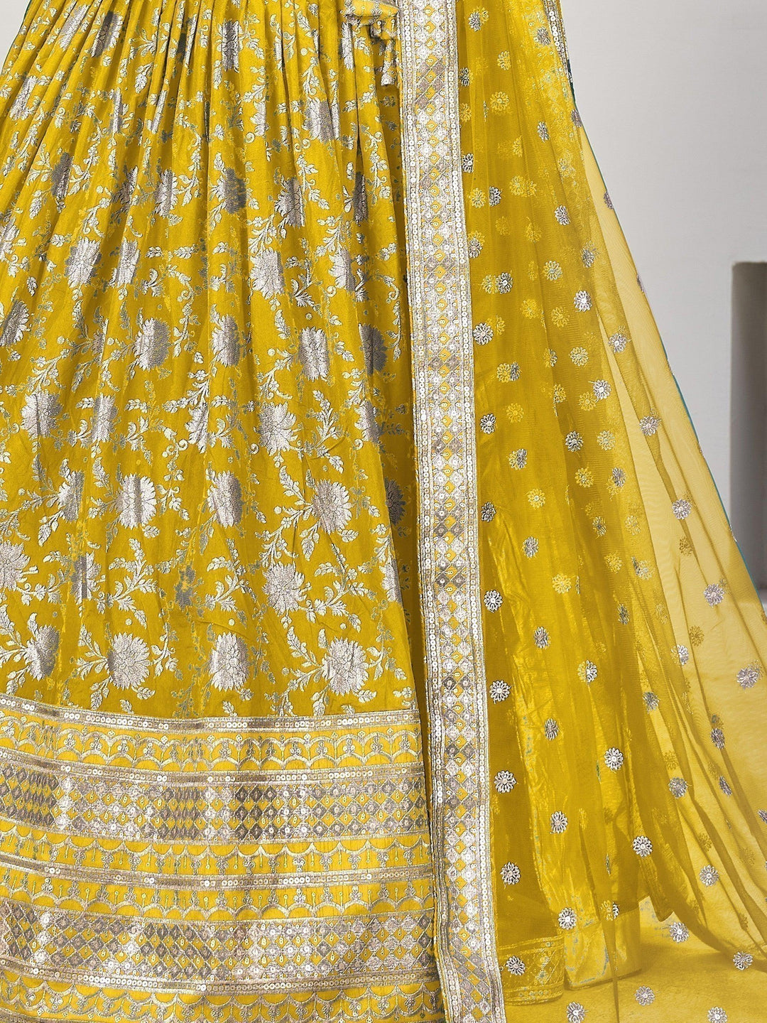 Festive Yellow Jacquard Lehenga | Zari Work & Sequins Detail