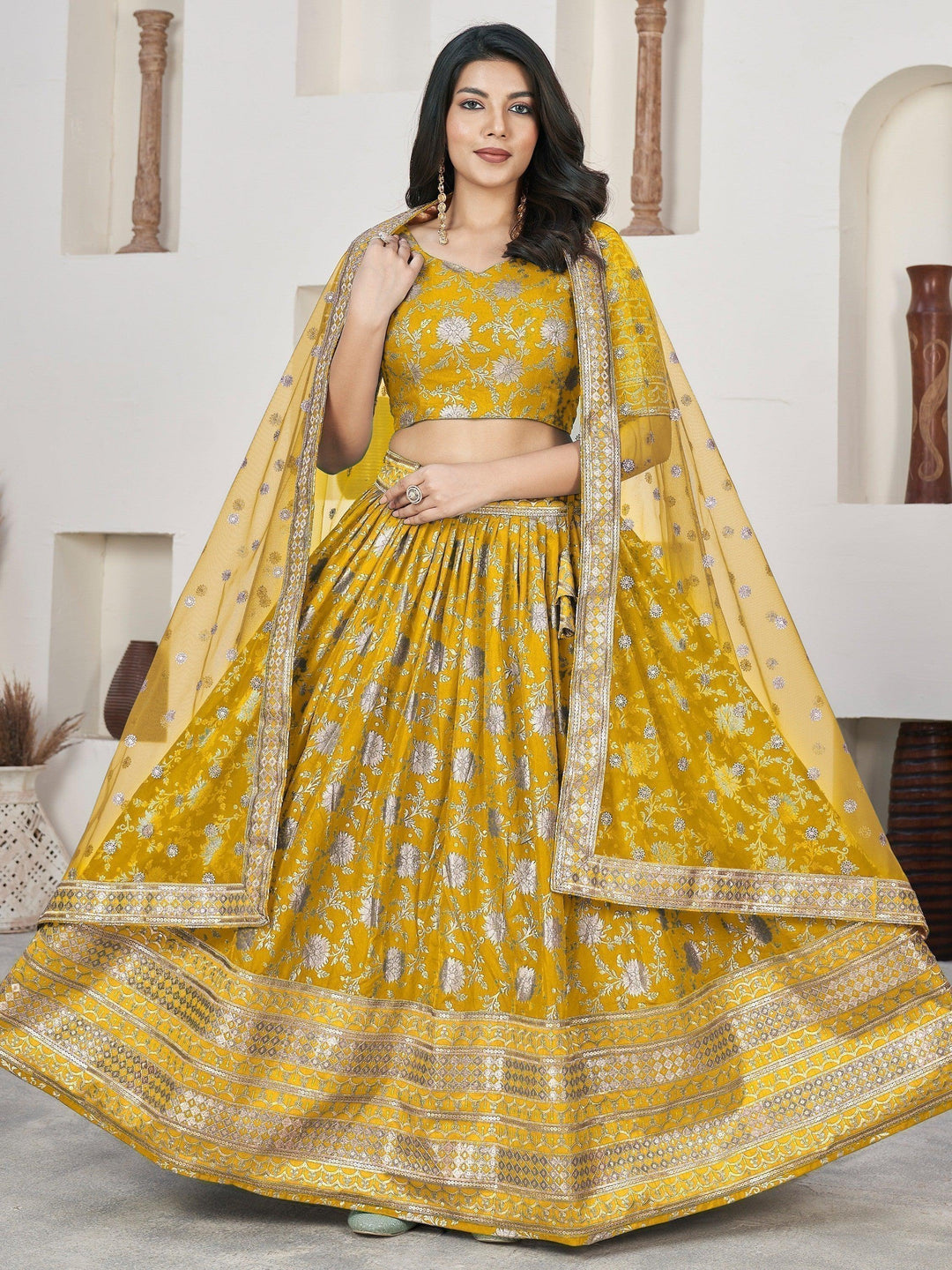 Festive Yellow Jacquard Lehenga | Zari Work & Sequins Detail