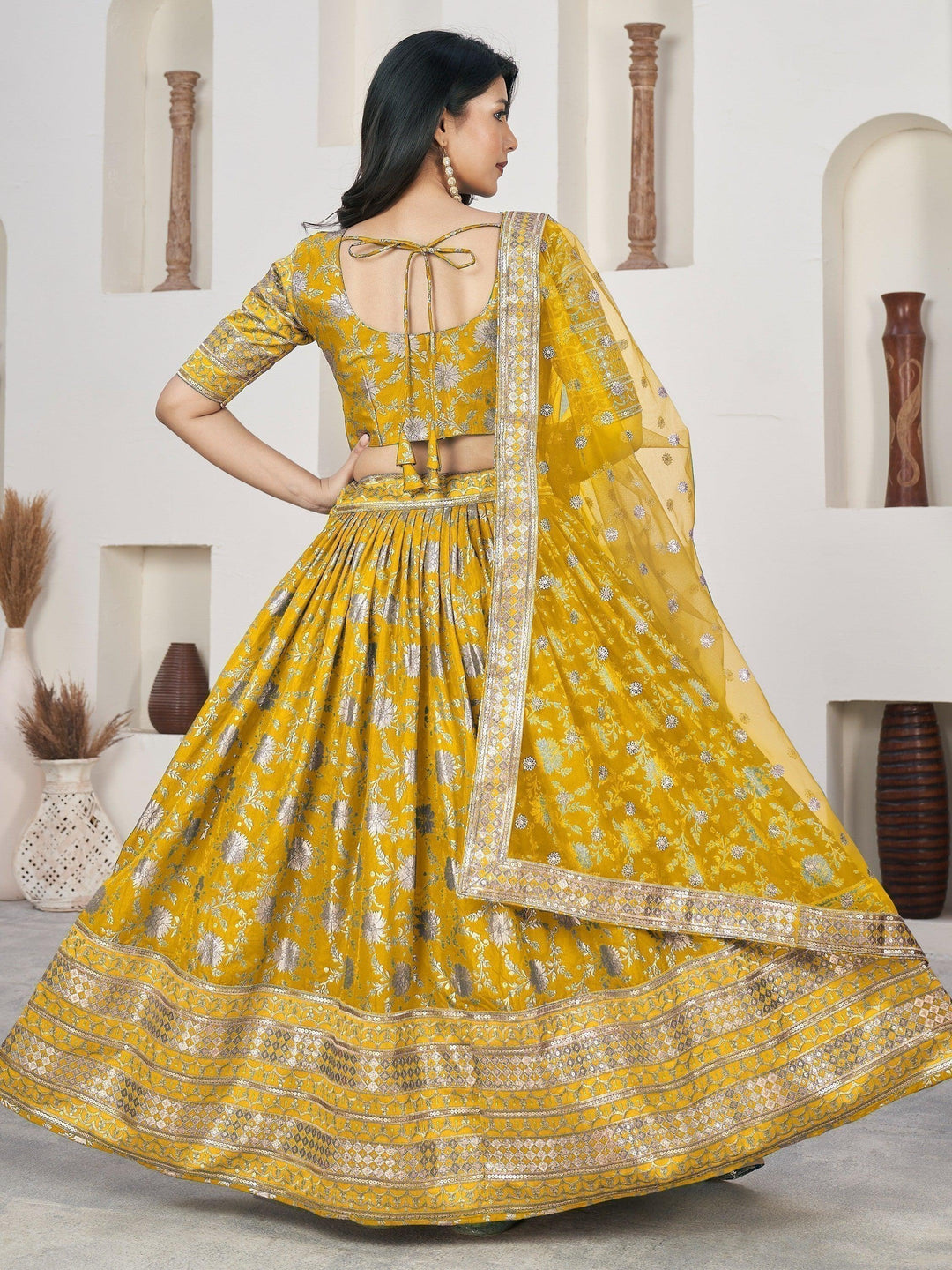 Festive Yellow Jacquard Lehenga | Zari Work & Sequins Detail