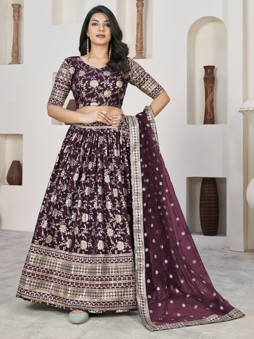 Exquisite Wine Jacquard Lehenga | Perfect for Sangeet & Haldi