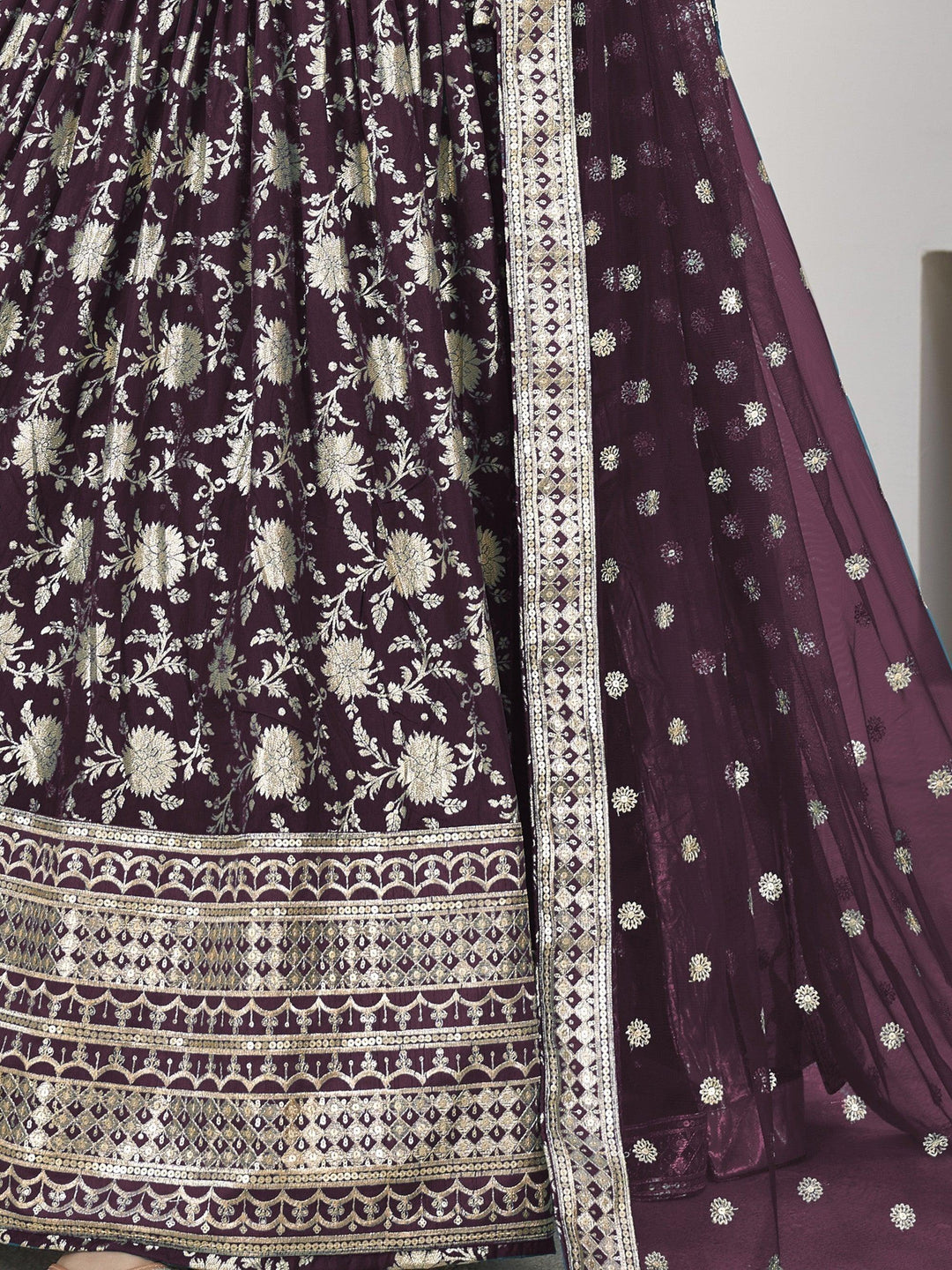 Exquisite Wine Jacquard Lehenga | Perfect for Sangeet & Haldi