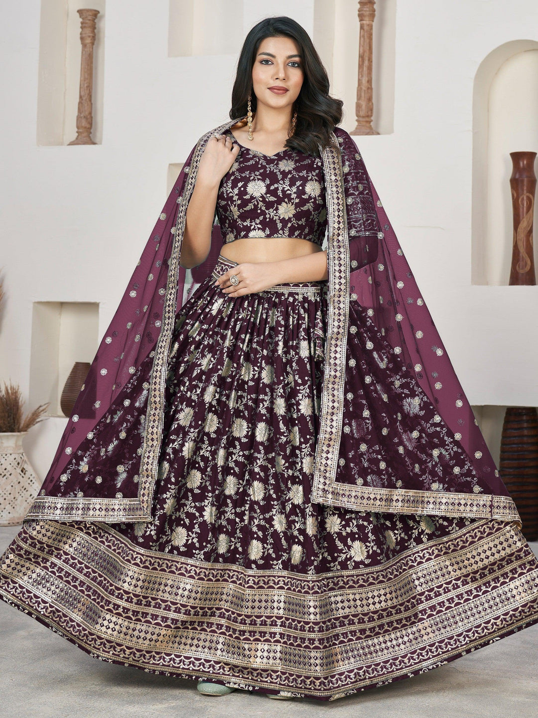 Exquisite Wine Jacquard Lehenga | Perfect for Sangeet & Haldi