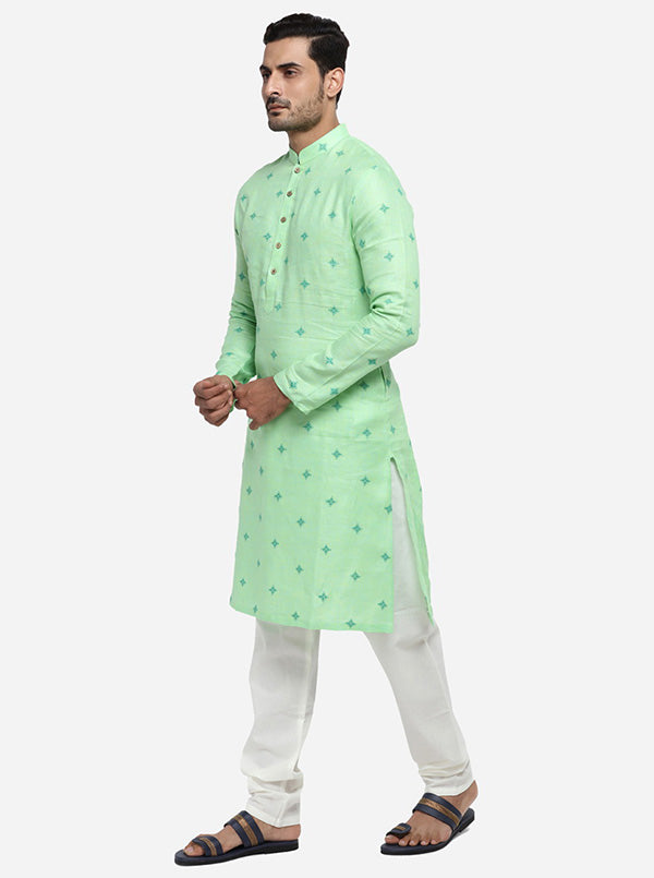 Stylish embroidered mint green kurta set for men, made from comfortable cotton linen.