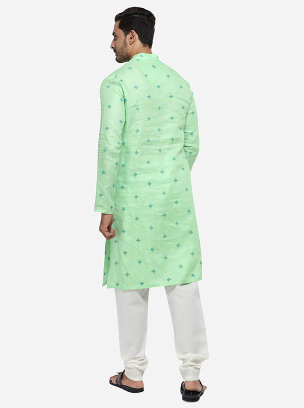 Chic embroidered mint green kurta set for men, designed for fashionable outings.