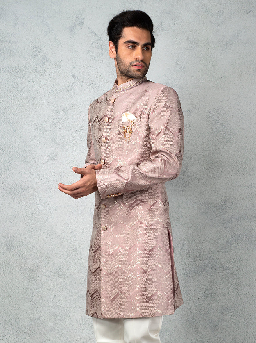 Stylish onion pink Indo Western kurta with full sleeves, mandarin collar, and front metal buttons.