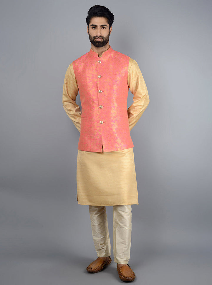 Stylish rose pink bandhgala jacket for men, featuring a silk blend fabric, concealed buttons, and pockets, perfect for cultural events.