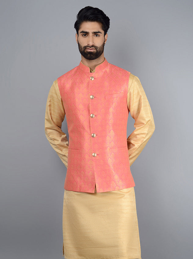 Rose pink bandhgala jacket crafted from premium silk blend fabric, featuring concealed buttons and elegant embroidery, perfect for events.