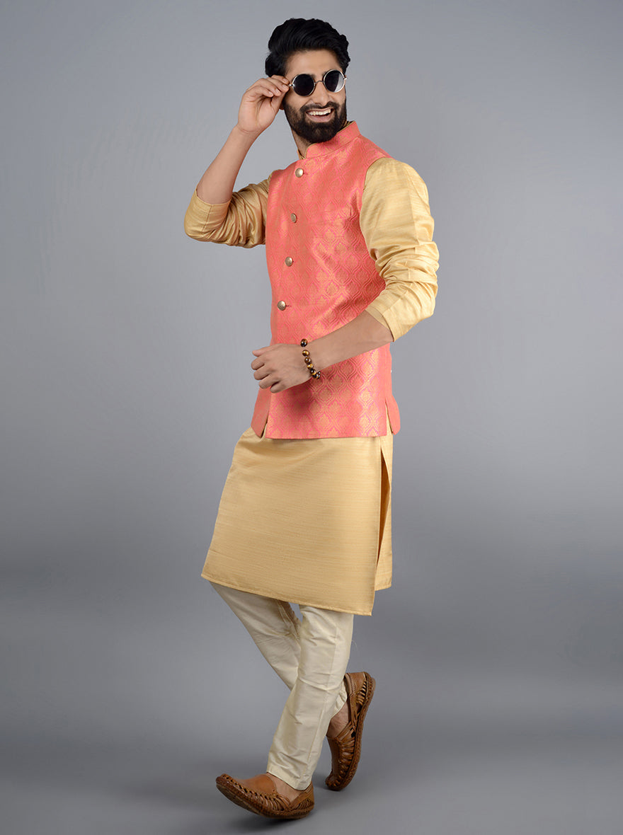 Elevate your traditional attire with this rose pink bandhgala jacket, crafted from silk blend fabric and detailed with embroidery.