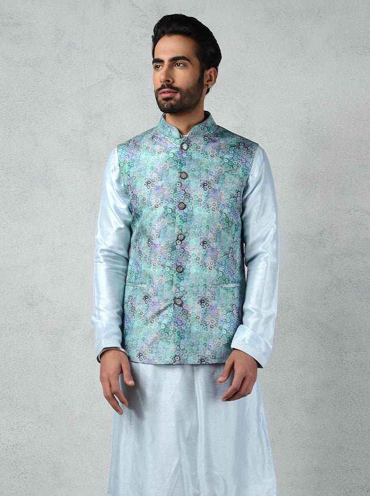 Stylish Blue & Multi waistcoat crafted from premium Tussar silk with a unique abstract print, ideal for festive celebrations.