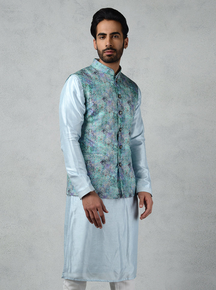 Blue & Multi waistcoat in premium Tussar silk, featuring a straight cut and abstract print, perfect for making a memorable impression at any event.