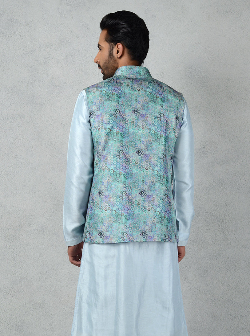 Elegant Blue & Multi waistcoat in Tussar silk with a straight cut and abstract print, ideal for traditional events and celebrations.