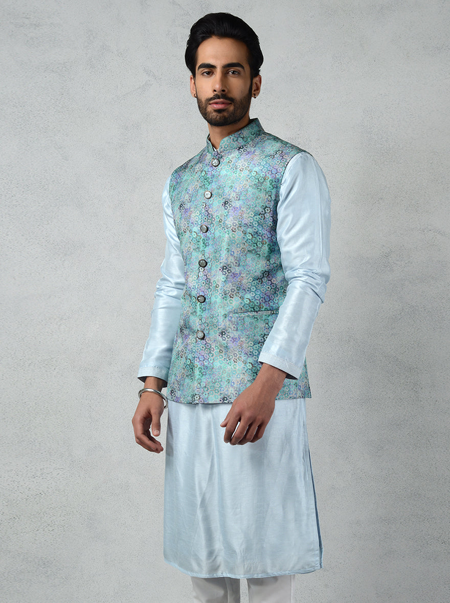 Blue & Multi waistcoat with a unique abstract print and premium Tussar silk, offering a stylish and sophisticated look for any celebration.