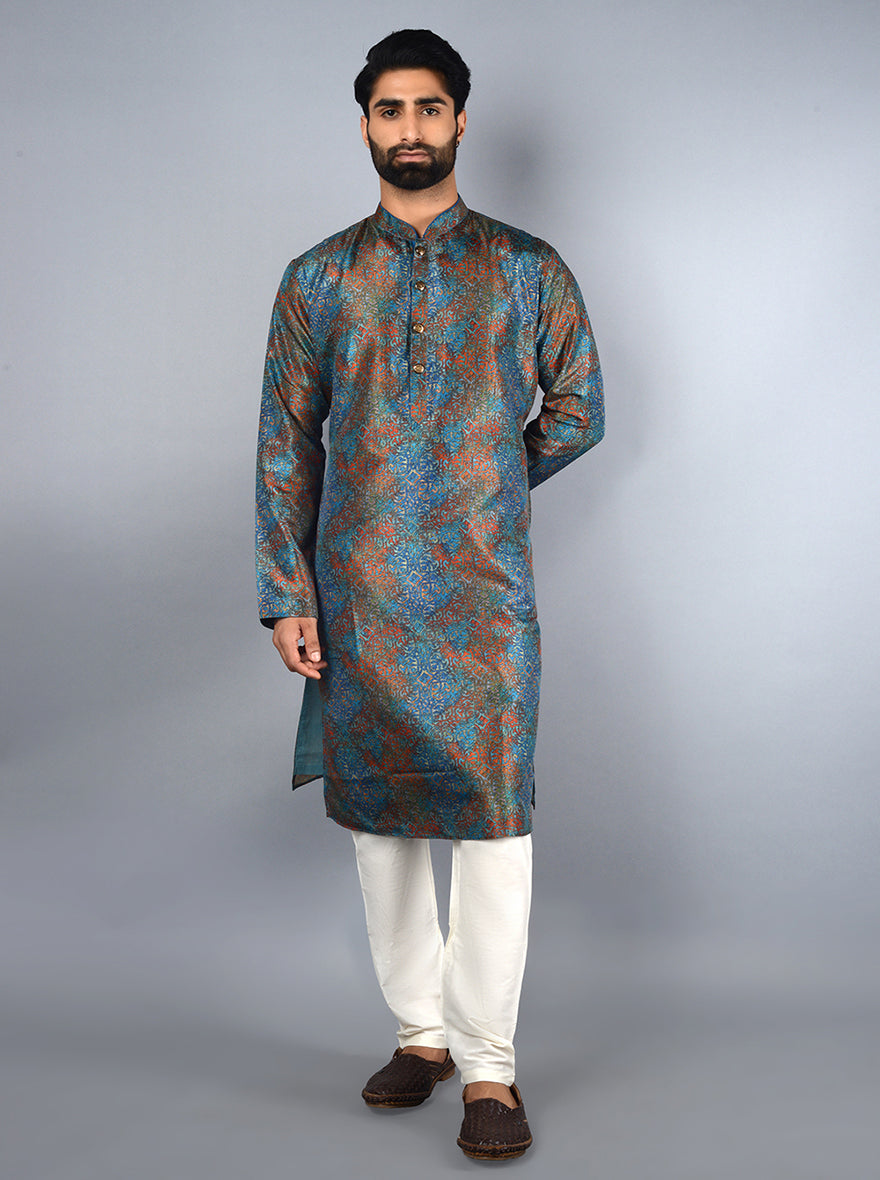 Stylish blue and rust kurta set featuring intricate patterns, designed to radiate charm at celebrations in the USA.