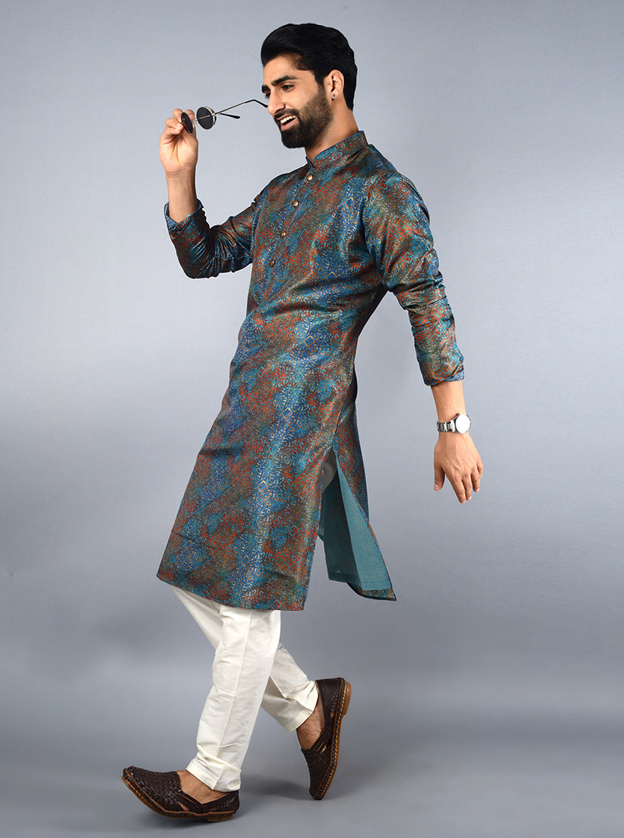 Chic blue and rust kurta set crafted from silk, ideal for enhancing your traditional look in the USA.