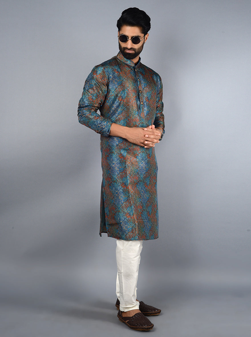 Unique blue and rust kurta set with luxurious silk fabric, perfect for festive gatherings and events in the USA.