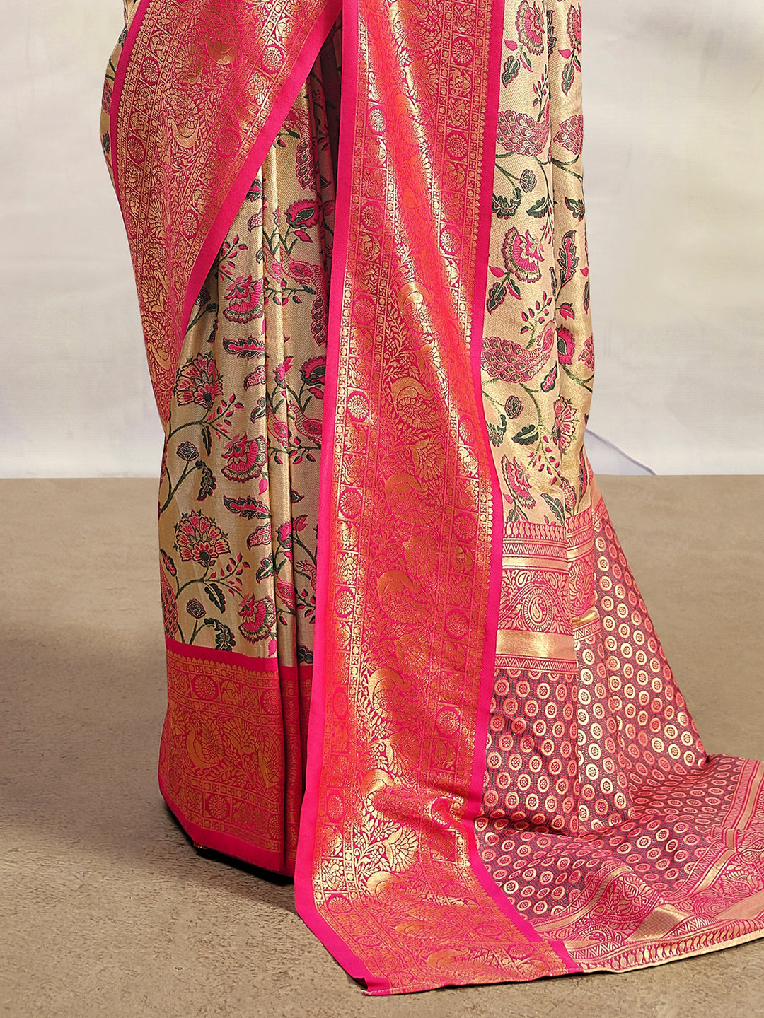 Beige Silk Saree | Zari Weaving & Delicate Print Work for Timeless Elegance