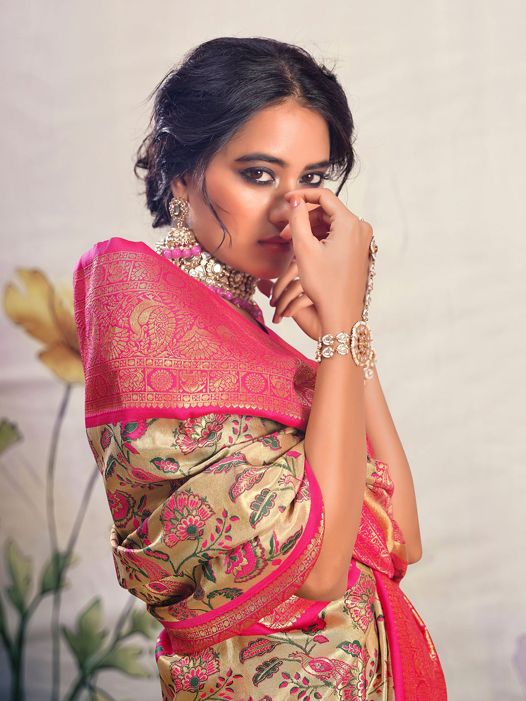 Beige Silk Saree | Zari Weaving & Delicate Print Work for Timeless Elegance