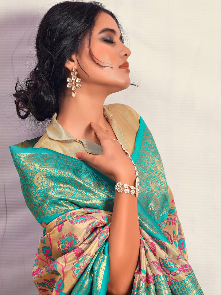 Astonishing Turquoise Blue Printed Silk Saree | Perfect Traditional Outfit