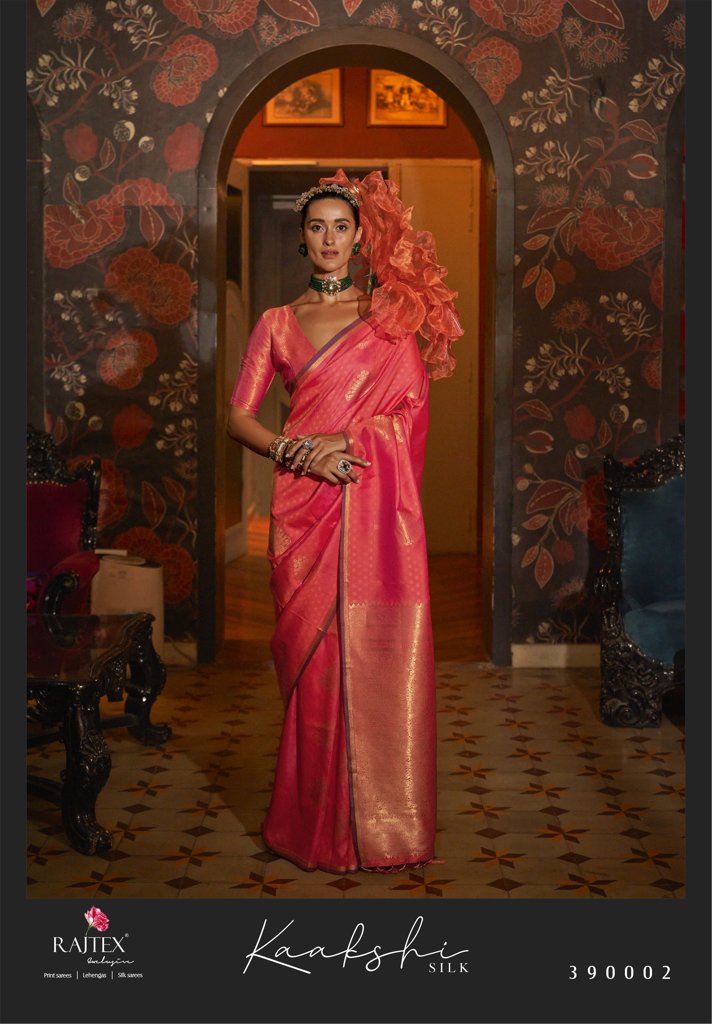 Peach Kaakshi Silk Saree with designer brocade blouse, traditional Indian wedding saree for USA