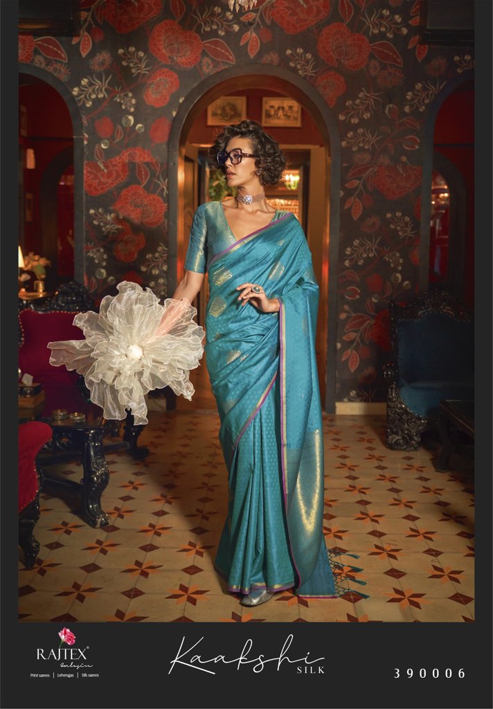 Designer Teal Blue Kaakshi Silk Saree with brocade blouse, luxurious Indian wedding saree for USA