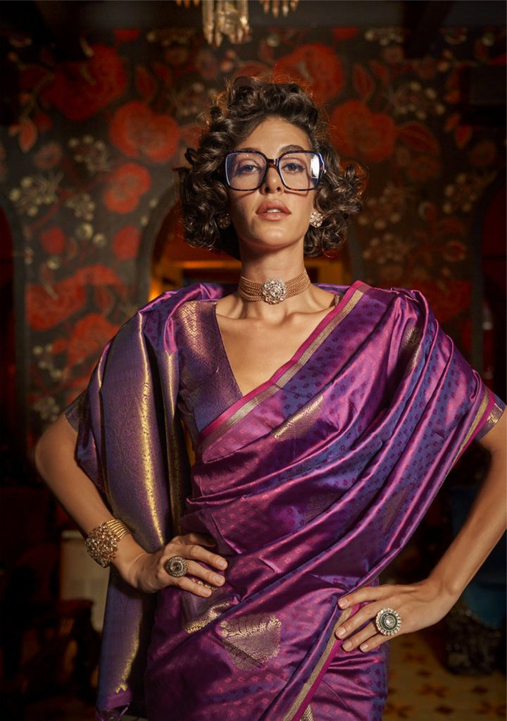 Kaakshi Purple Silk Saree with brocade blouse, classic Indian wedding saree style for USA buyers