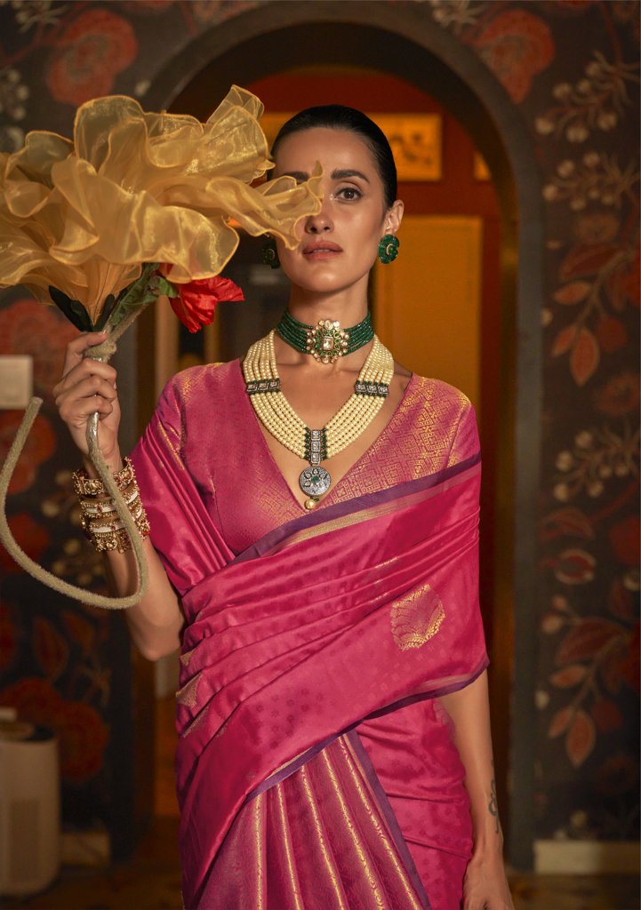 Pink Kaakshi Silk Saree, designer sari with brocade blouse for weddings and special events in USA