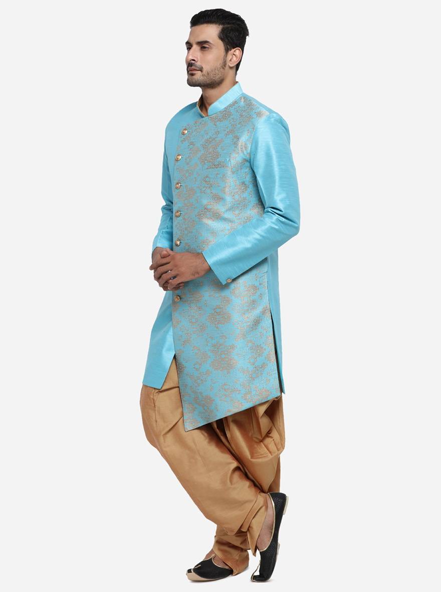 Elevate your ethnic style with the Self Design Light Blue Semi Indowestern, designed for versatility and comfort during any event in the USA.