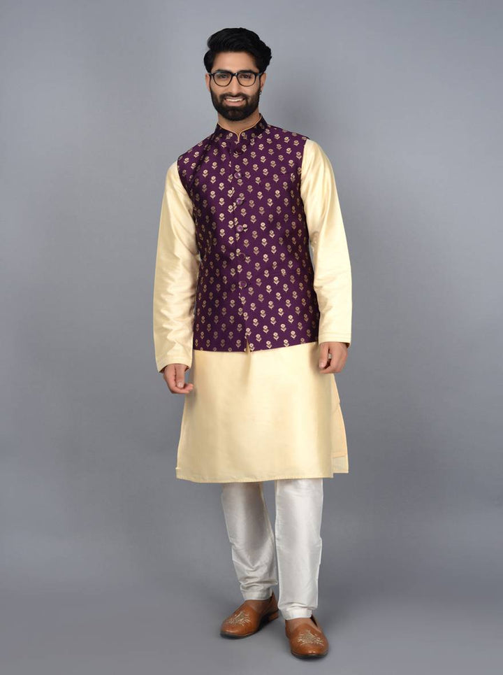 Stylish wine Bandhgala jacket in silk jacquard, perfect for weddings and upscale events with a tailored finish.