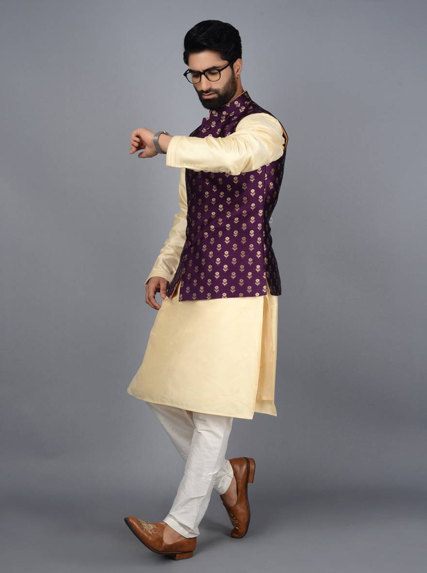 Rich wine Bandhgala jacket offering a classic look with its luxurious fabric, ideal for elegant celebrations.