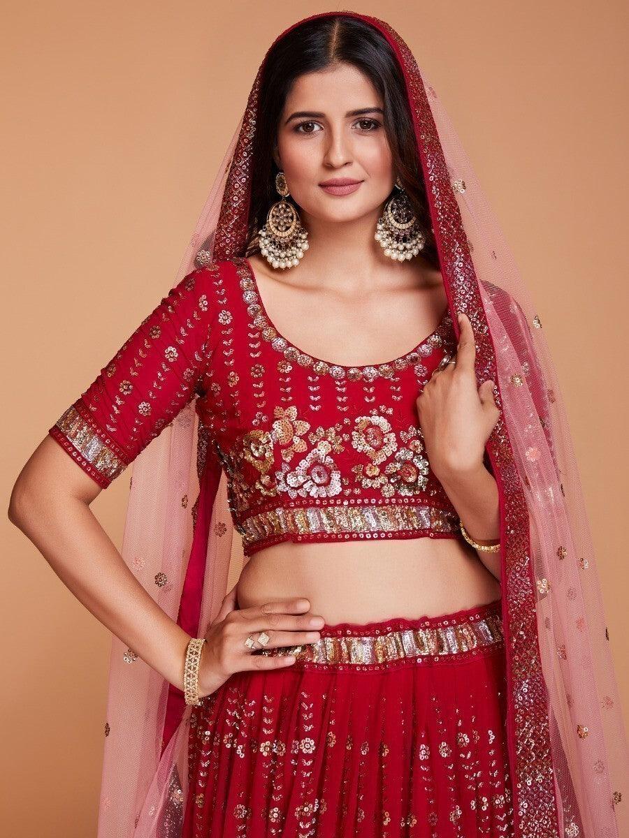 Fabulous Red Georgette Lehenga | Wedding Wear with Silk Lining & Dupatta