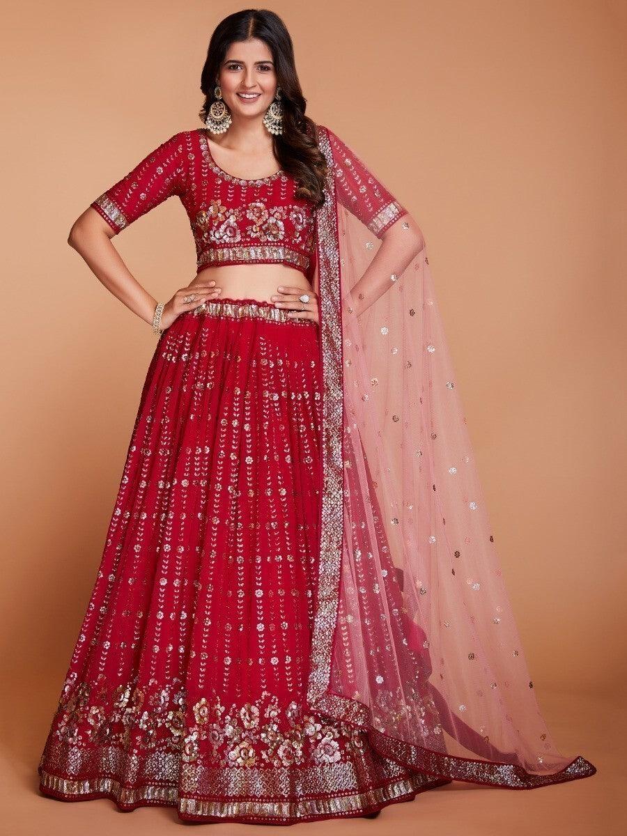 Fabulous Red Georgette Lehenga | Wedding Wear with Silk Lining & Dupatta