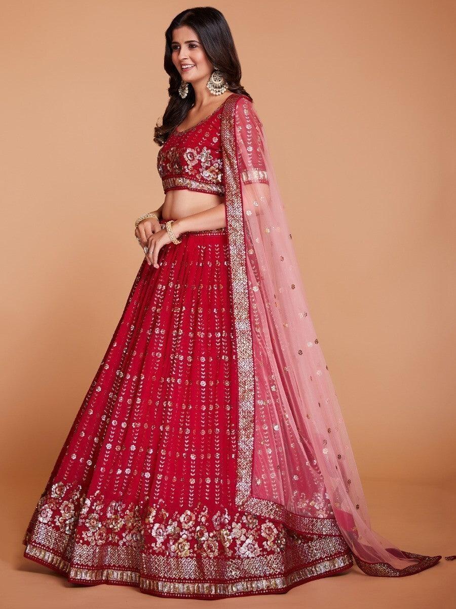 Fabulous Red Georgette Lehenga | Wedding Wear with Silk Lining & Dupatta