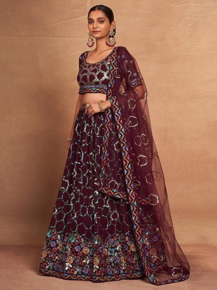 Designer Maroon Lehenga Choli with Dupatta | Sequin & Embroidery Work