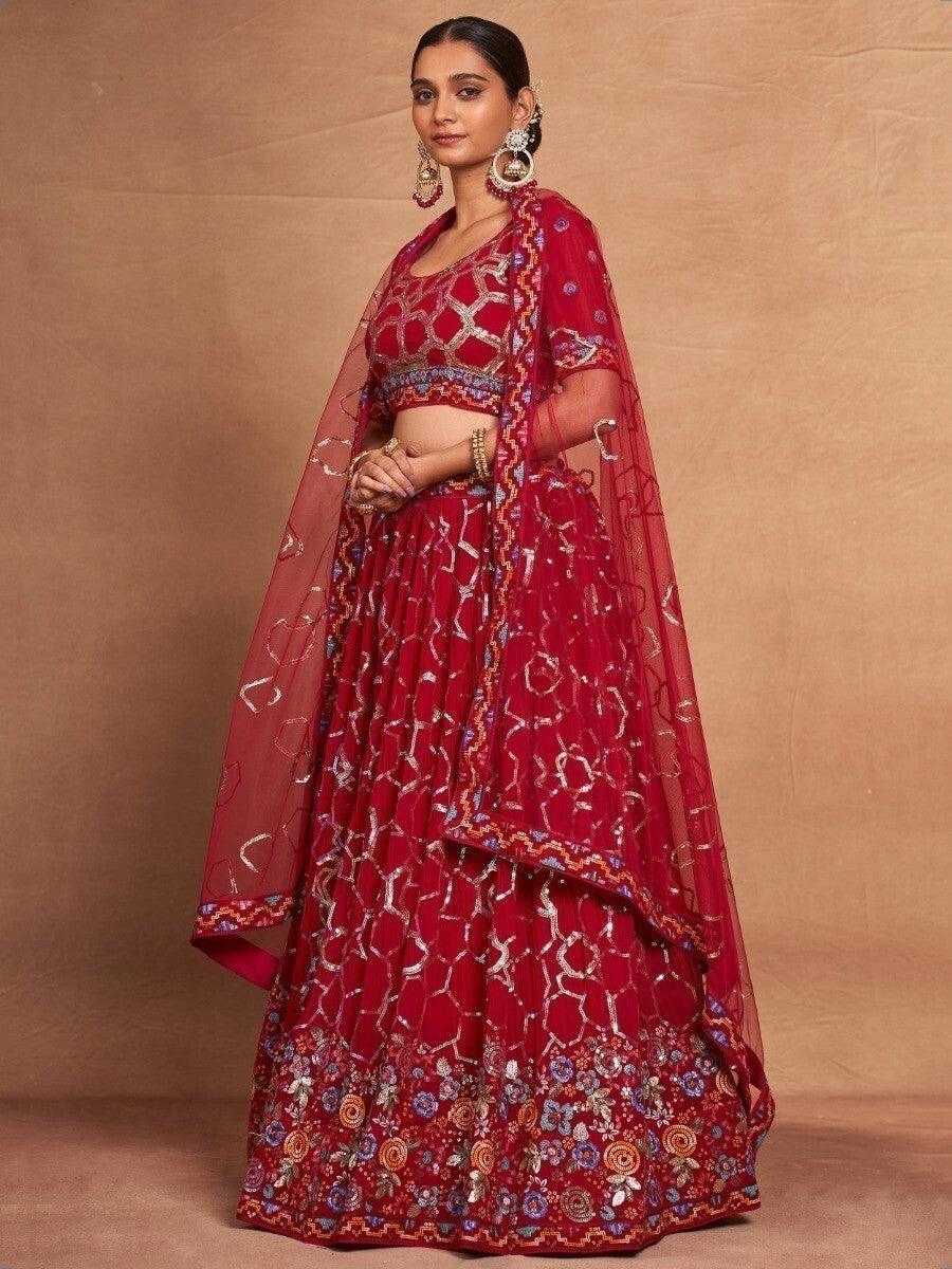 Stunning Red Lehenga Choli with Dupatta | Sequin & Embroidery Work