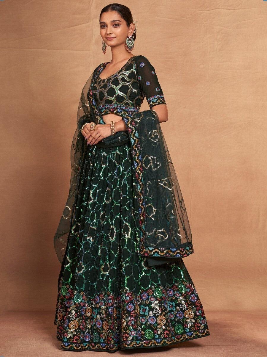 Classic Green Sequins Georgette Lehenga Choli | Sangeet & Wedding Wear