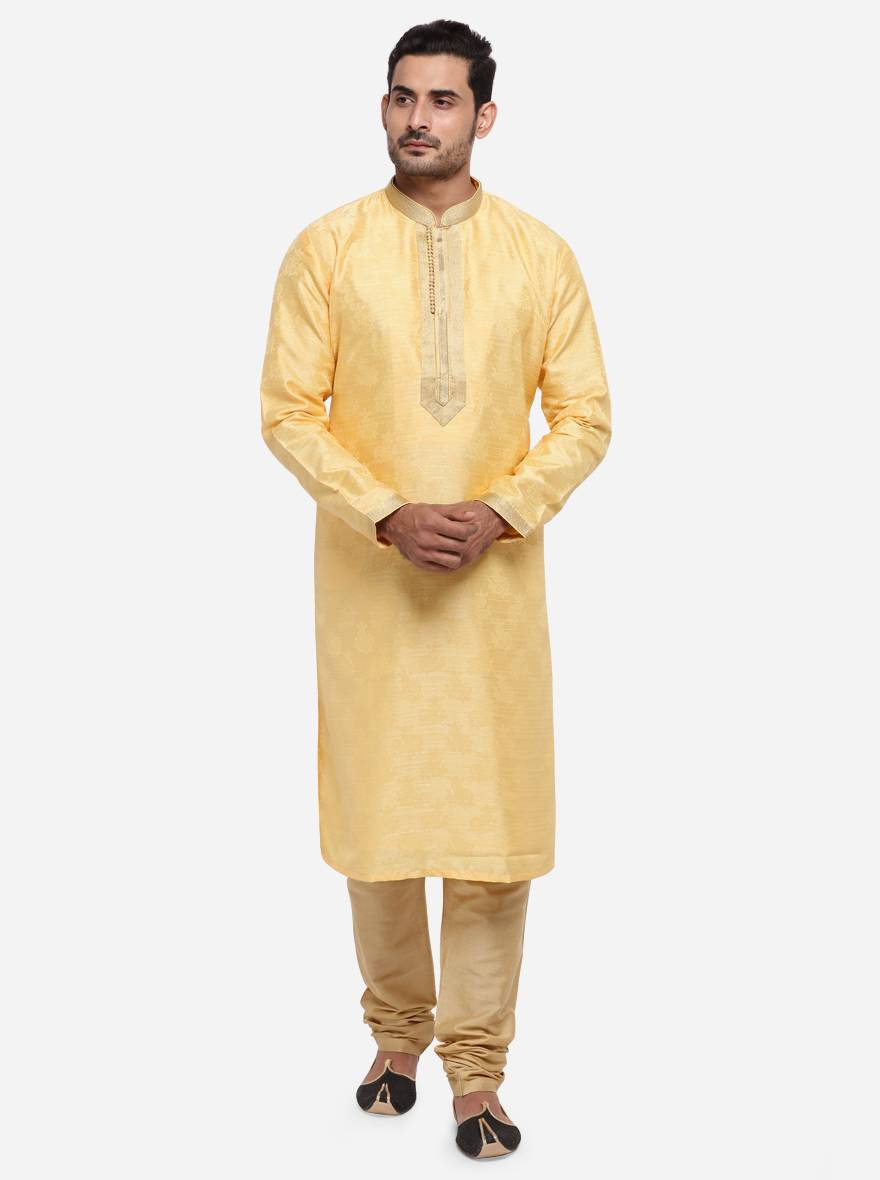 Elevate your ethnic style with this self-design Golden Yellow Kurta Set.