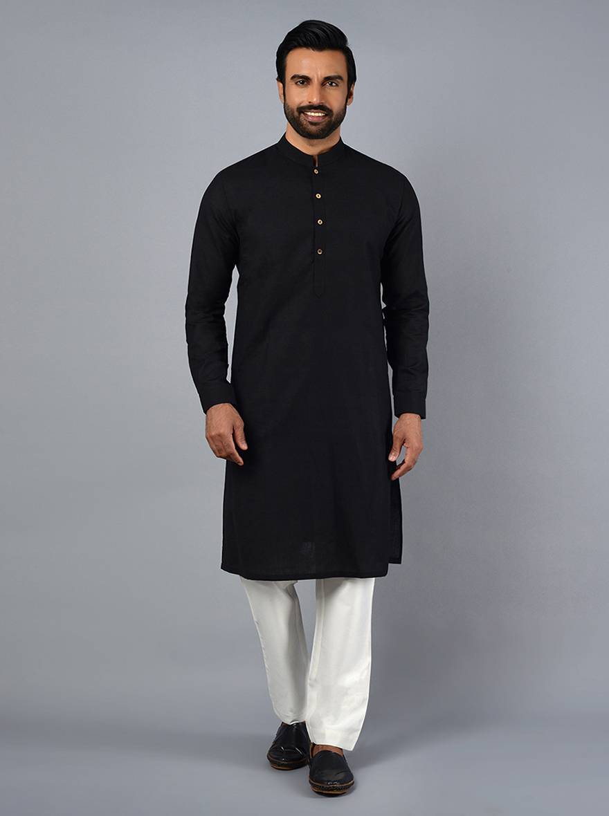 Elegant black kurta set in Poly Khadi, featuring intricate embroidery for celebrations in the USA.